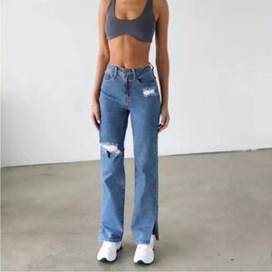 Dogma Denim Junior Size 9 High Rise Straight Leg Jeans Med Wash Split Hem NEW